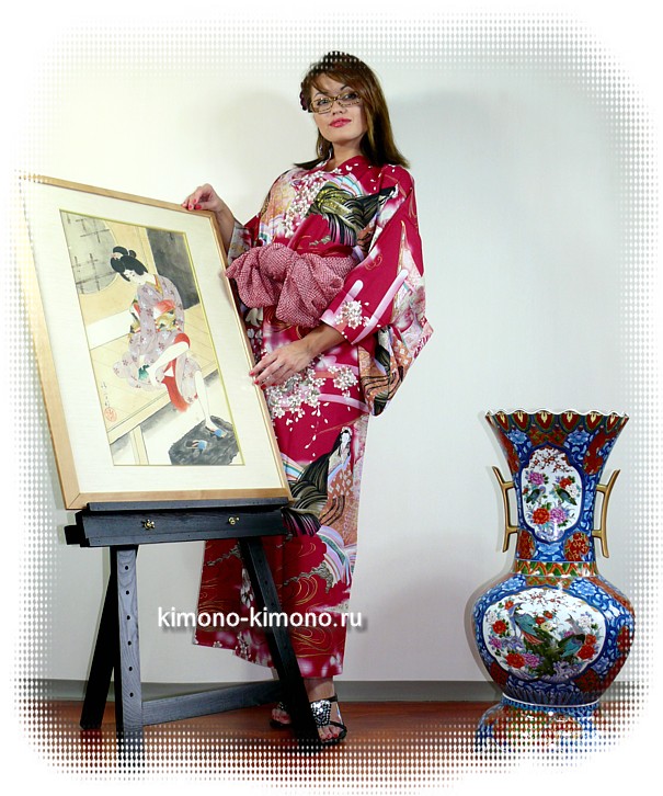 японское кимоно из хлопка и пояс-оби, Япония